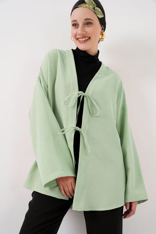 Linen Blend Long Sleeve Kimono with Binding Detail