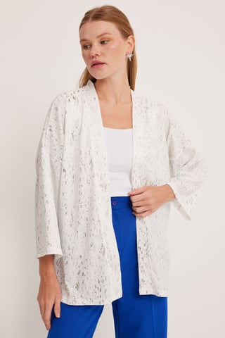 Printed Pompom Trim Shawl Collar Kimono