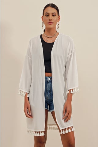 Midi Beach Kimono with Pompom Detail
