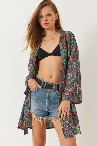 Patterned Long Kimono with Shawl Collar