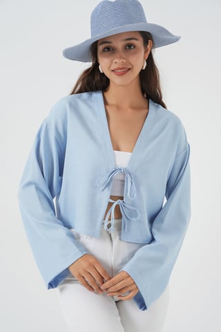 Viscose Blend V-Neck Long Sleeve Kimono with Binding Detail