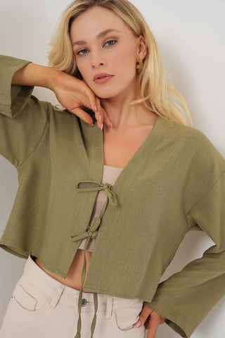 Viscose Blend V-Neck Long Sleeve Kimono with Binding Detail
