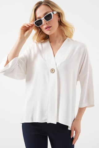V-neck Three Quarter Sleeve Kimono with Button