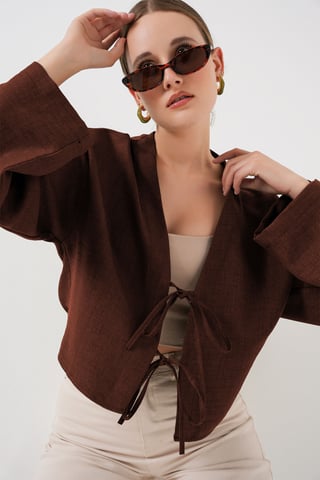 Viscose Blend V-Neck Long Sleeve Kimono with Binding Detail