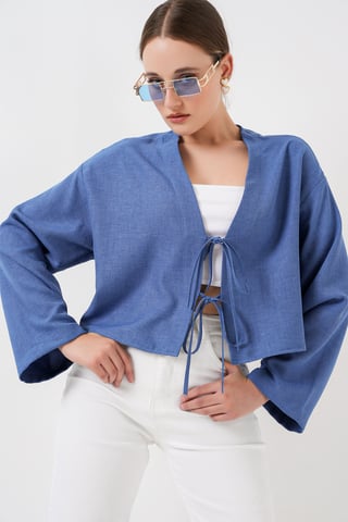 Viscose Blend V-Neck Long Sleeve Kimono with Binding Detail
