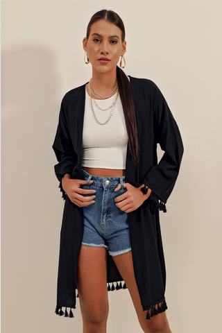 Midi Beach Kimono with Pompom Detail