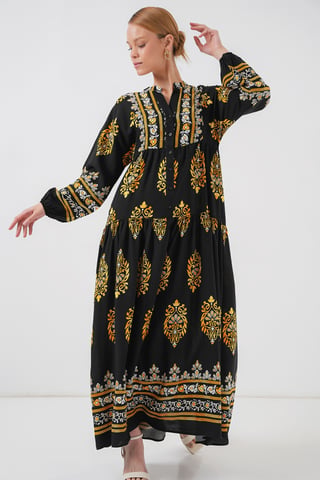 Printed V-Neck Maxi Dress with Button Closure