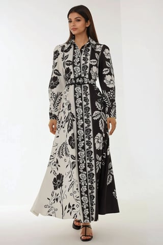 Printed Long Sleeve Maxi Dress with Belt