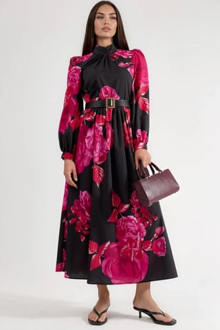 Floral Belted Maxi Dress with Half Turtleneck