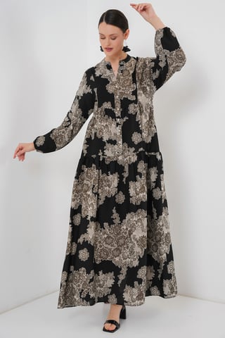 Printed V-Neck Maxi Dress with Button Closure
