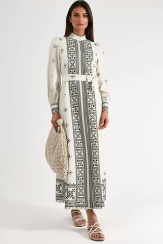 Mandarin Collar Geometric Paneled Maxi Dress
