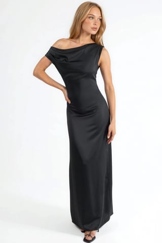 Asymmetrical Collar Bodycon Satin Maxi Dress