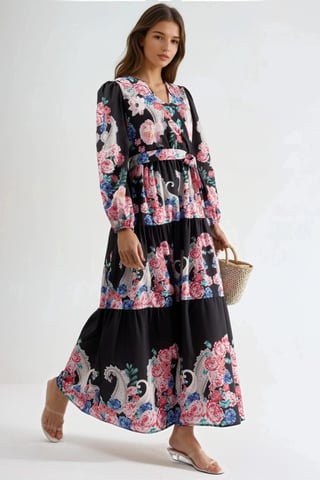 Floral V-Neck Maxi Dress with Tie Detail