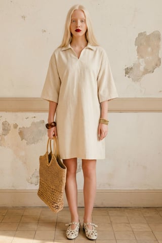 Polo Collar Mini Dress with Three Quarter Sleeves