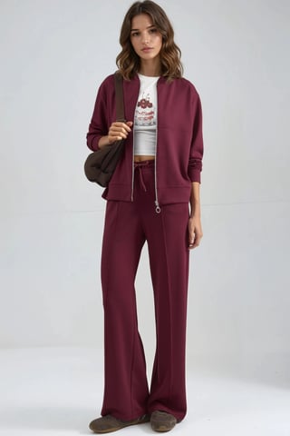 Modal Touch Zippered Sweatshirt & Ribbed Pants Co-ord Set