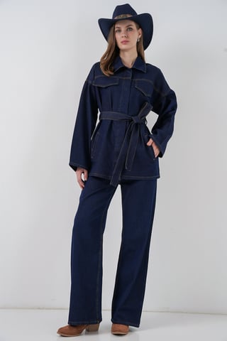 Denim Set with Pocket Detailed Jacket and Straight Leg Pants