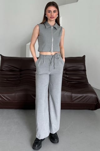 Sleeveless Zippered Vest & Wide Leg Pants Two-Piece Coord Set