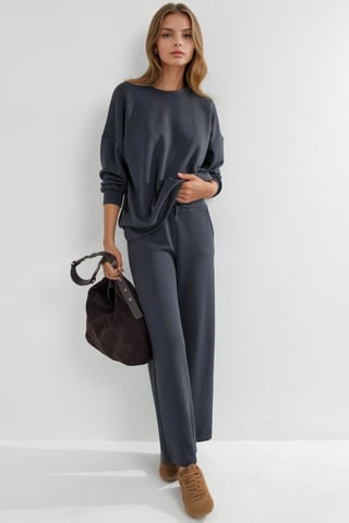 Modal Touch Pullover met Ronde Hals en Wijde Broek Twee-Delige Set