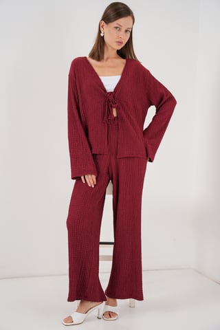 Textured V-Neck Long Sleeve Top & Flare Pants Two-Piece Set