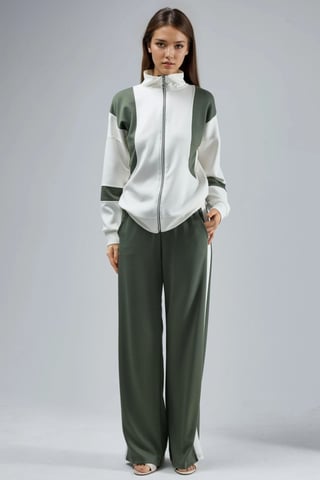 Modal Touch Color Blocked Zipper Collar Wide Leg Two-Piece Set