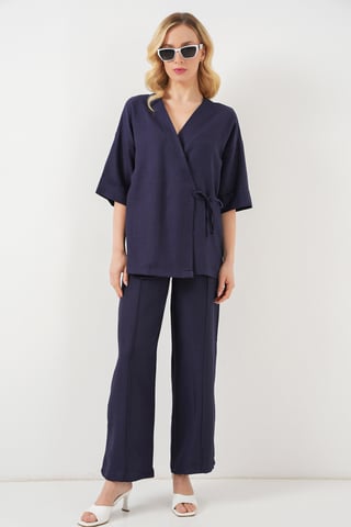 Oversized V-Neck Tie Closure Kimono Pants Set