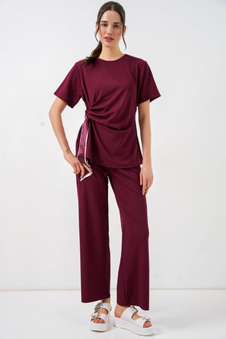 Crew Neck Tie Detail Ribbed Co-Ord Set with Wide Leg Trousers