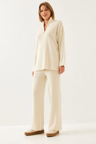 Ribbed Zipper Collar Two-Piece Set with Slit