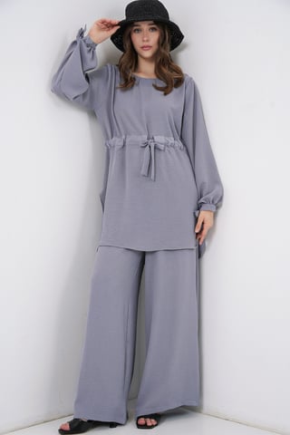 Crew Neck Tie Detail Tunic and Wide Leg Pants Set