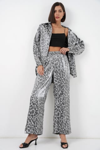 Leopard Print Button-Up Shirt and Wide Leg Pants Satin Two-Piece Set