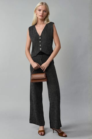 Striped Knit Co-Ord Set with V-Neck Vest and Wide Leg Pants