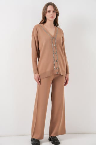 V-Neck Cardigan and Wide Leg Pants Set
