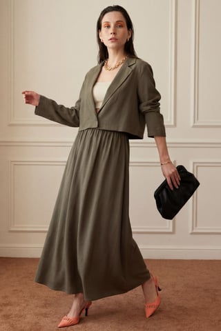 Langsleeve Knoop Shirt & Maxi Rok Twee Delige Set