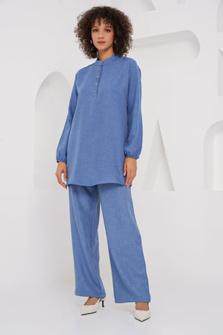 Textured Linen Blend Long Sleeve Tunic and Wide Leg Pants Set