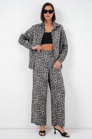 Leopard Print Button-Up Shirt and Wide Leg Pants Satin Two-Piece Set