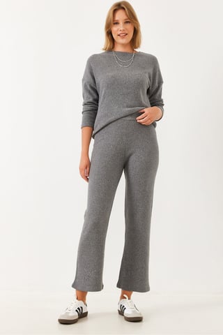 Ribbad Texturerad Crew-Neck Tröja och Byxor Set