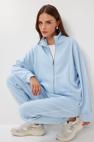 Contrast Binding Detailed Zippered Sweatshirt & Jogger Two-Piece Set