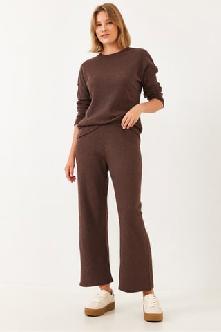 Ribbed Textured Crew Neck Sweater and Pants Set