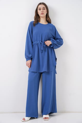 Crew Neck Tie Detail Tunic and Wide Leg Pants Set