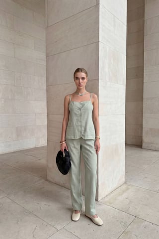 V-Neck Buttoned Vest with Pockets & Straight Leg Pants Two-Piece Set