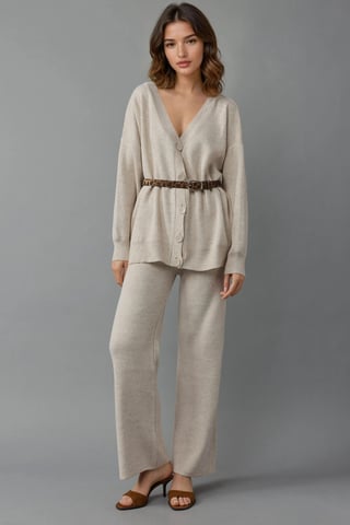 V-Neck Cardigan and Wide Leg Pants Knitwear Set
