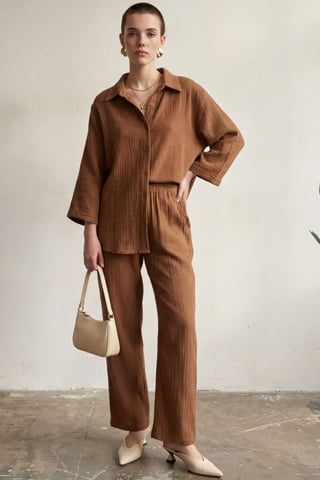 Muslin Fabric Two-Piece Set with Shirt & Pants