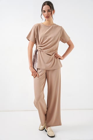 Crew Neck Tie Detail Ribbed Co-Ord Set with Wide Leg Trousers