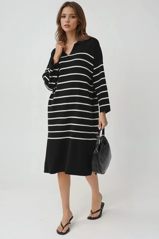 Striped V-Neck Loose Fit Midi Knit Dress with Slit