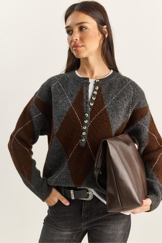 Knit Crew Neck Sweater with Button Closure
