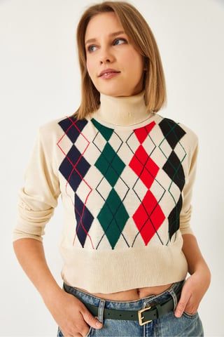 Geometrisk Jacquard Turtleneck Crop Stickad Topp