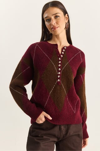 Knit Crew Neck Sweater with Button Closure