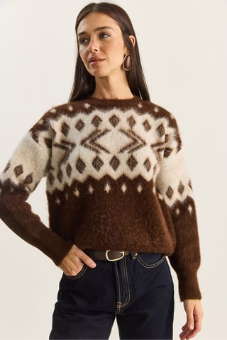 Ethnic Pattern Thick Knit Sweater with Crew Neck