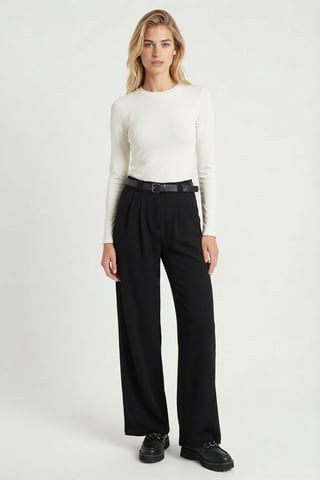 High Waist Wide Leg Trousers with Buckle