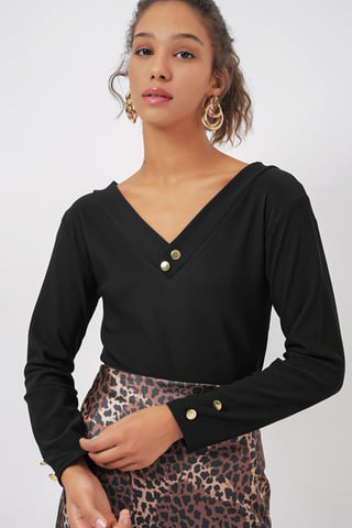 Textured Knit V-Neck Long Sleeve Bodysuit with Button Closure