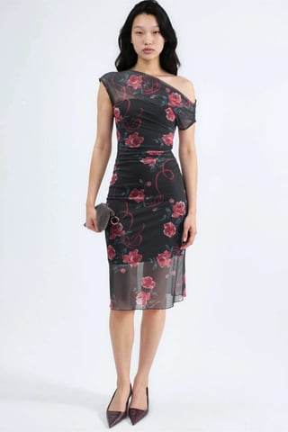 Asymmetrical Collar Flowering Midi Dress